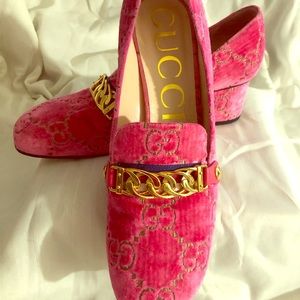 Gucci Sylvie GG velvet mid-heel pump loafers.